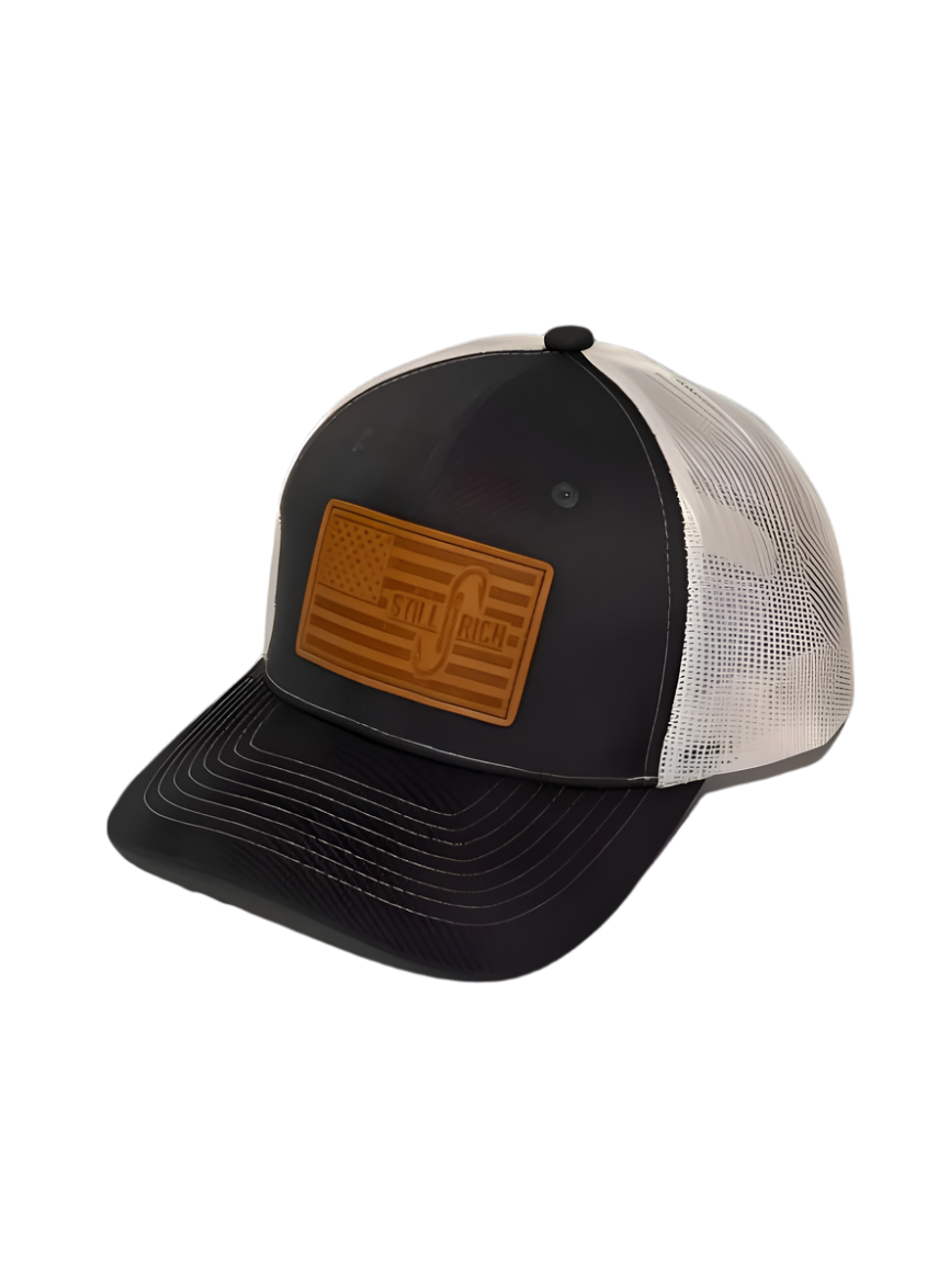 snapback, fishing hat, hat, still rich, USA. Leather patch, american flag hat